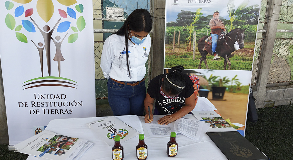 Familias restituidas de Cáceres y Nechí firman contratos de comercialización de miel de abejas y lechones 